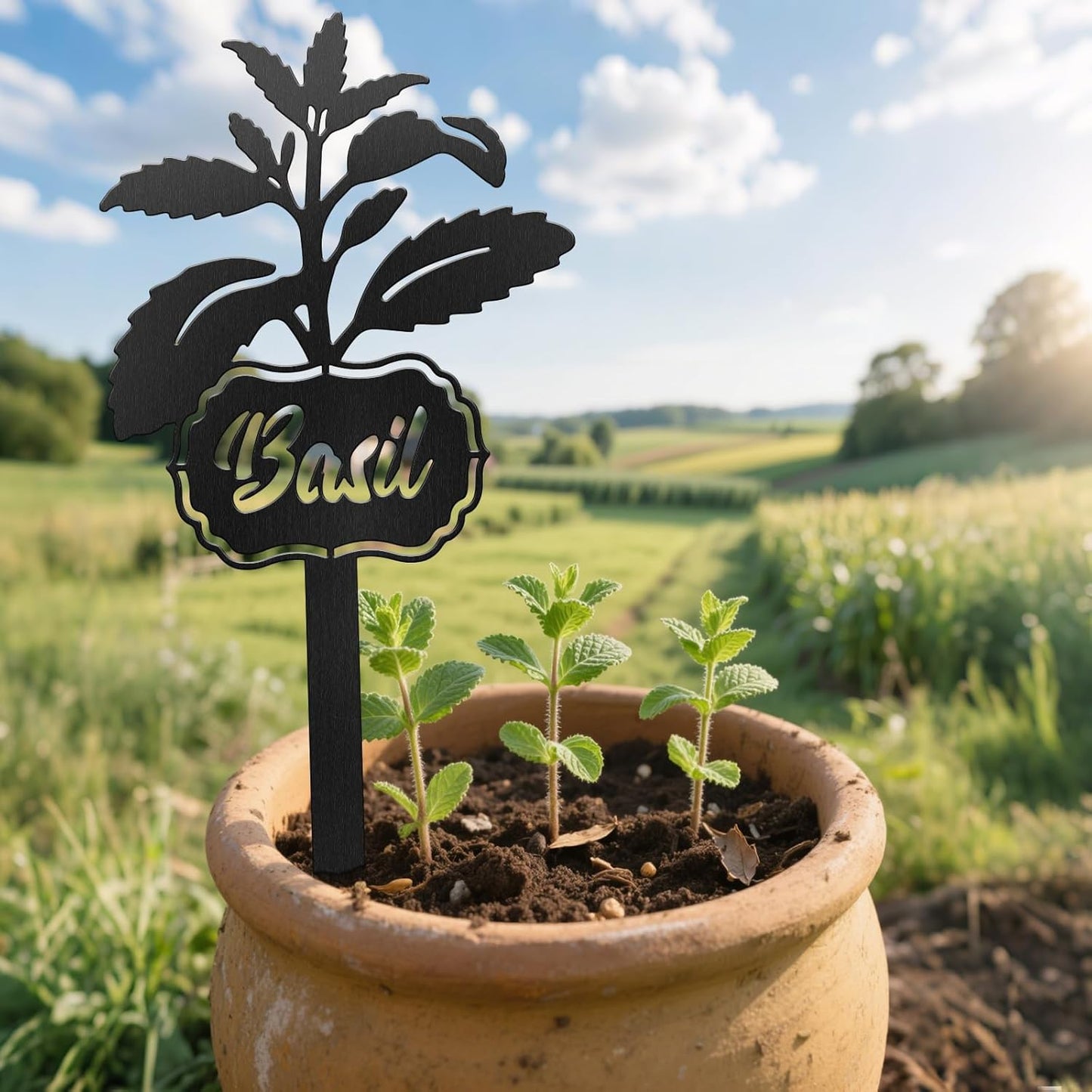 CUTHOLLOW Metal Plant Marker Stake Basil for Outdoor Indoor, Waterproof 11.8 inch Cute Garden Plant Labels Sign Tag for Vegetables, Farmhouse Greenhouse Decor - Funny Gardening Gifts