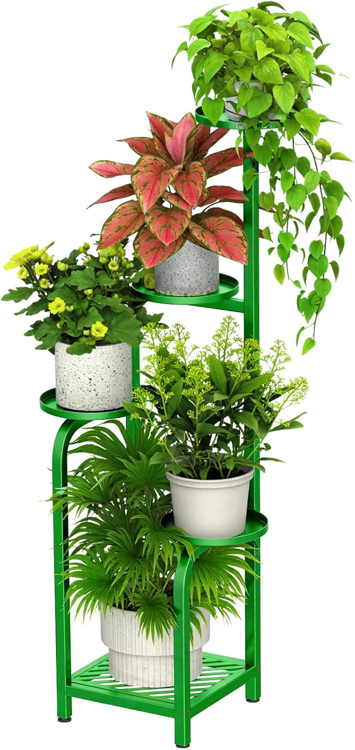 TOSKING 5 Tier Tall Plant Stand Indoor Outdoor, Heavy Duty Corner Shelf for Plants & Decor, Space Saving 3.9FT Metal Flower Pot Stand for Balcony, Garden, Living Room, Patio (Green, 47in)