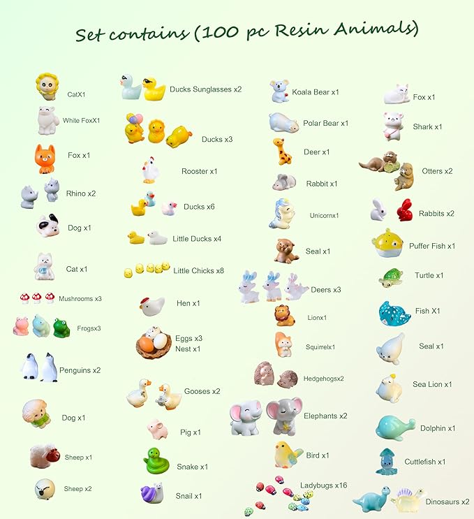 Mini Resin Animals Variety Pack to Hide for Prank Tiny Resin Animals Bulk 100 PCS Figurines for Miniature Fairy Garden Accessories, Cake Topper Decor, Birthday Gift, Party Favors