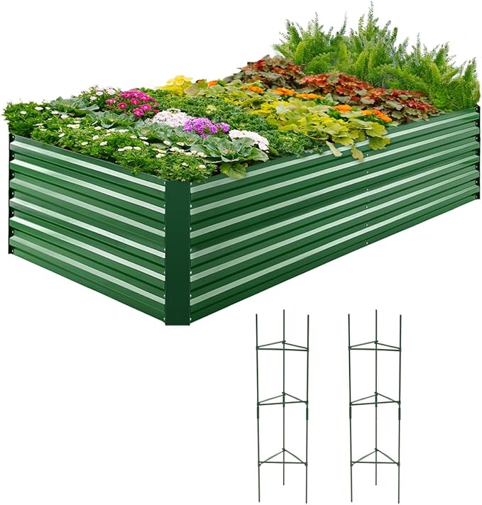 Quictent Galvanized Raised Garden Bed 8x4x2 Ft Tall Metal Planter Box for Vegetables Outdoor Bottomless for Backyard, 2 Tomato Cages Included, 22.04" Deep (Green)