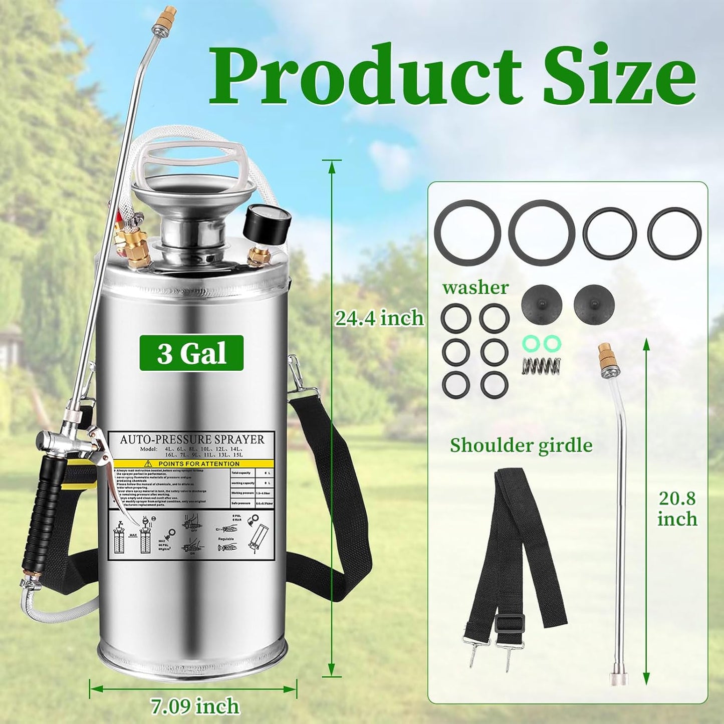 Stainless Steel Sprayer 3 Gallon - Steel Hand-Pump Sprayer, with 3.3-inch Reinforced Hose - Garden Sprayer for Home, Gardening, Ground Cleaning(3Gallon)