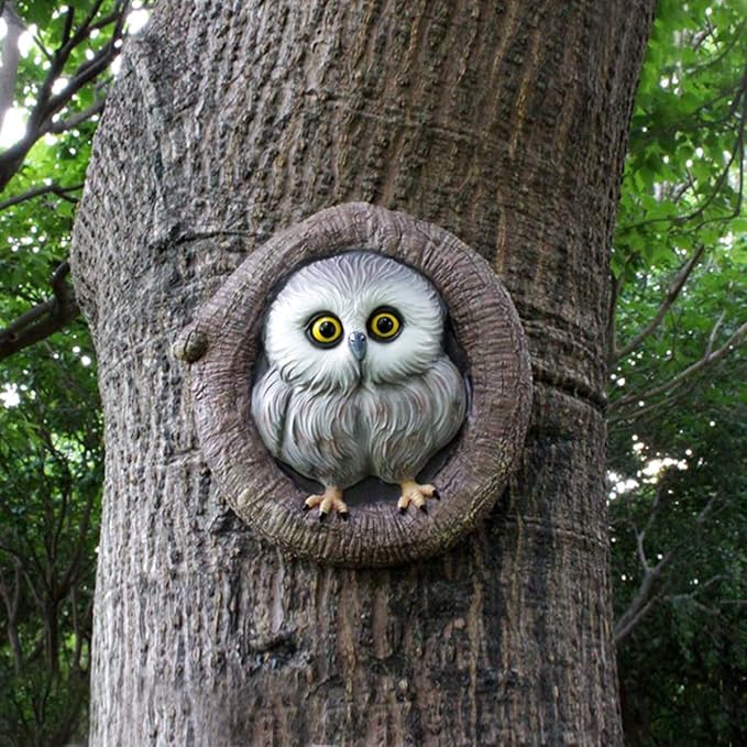 Owl Tree Hugger Whimsical Tree Sculpture Garden Statues Outdoor Tree Face Decor Garden Peeker Yard Art Decorations (Singel Owl)