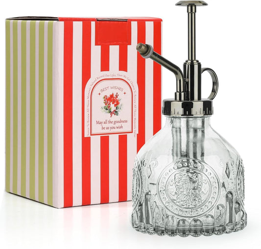 T4U Glass Plant Mister 200ML, Vintage Spray Bottle with Top Pump Fine Mist Garden Flower Sprayer Small Decorative Spritzer Watering Can Gift for Indoor Outdoor Succulent House Plant (Clear)