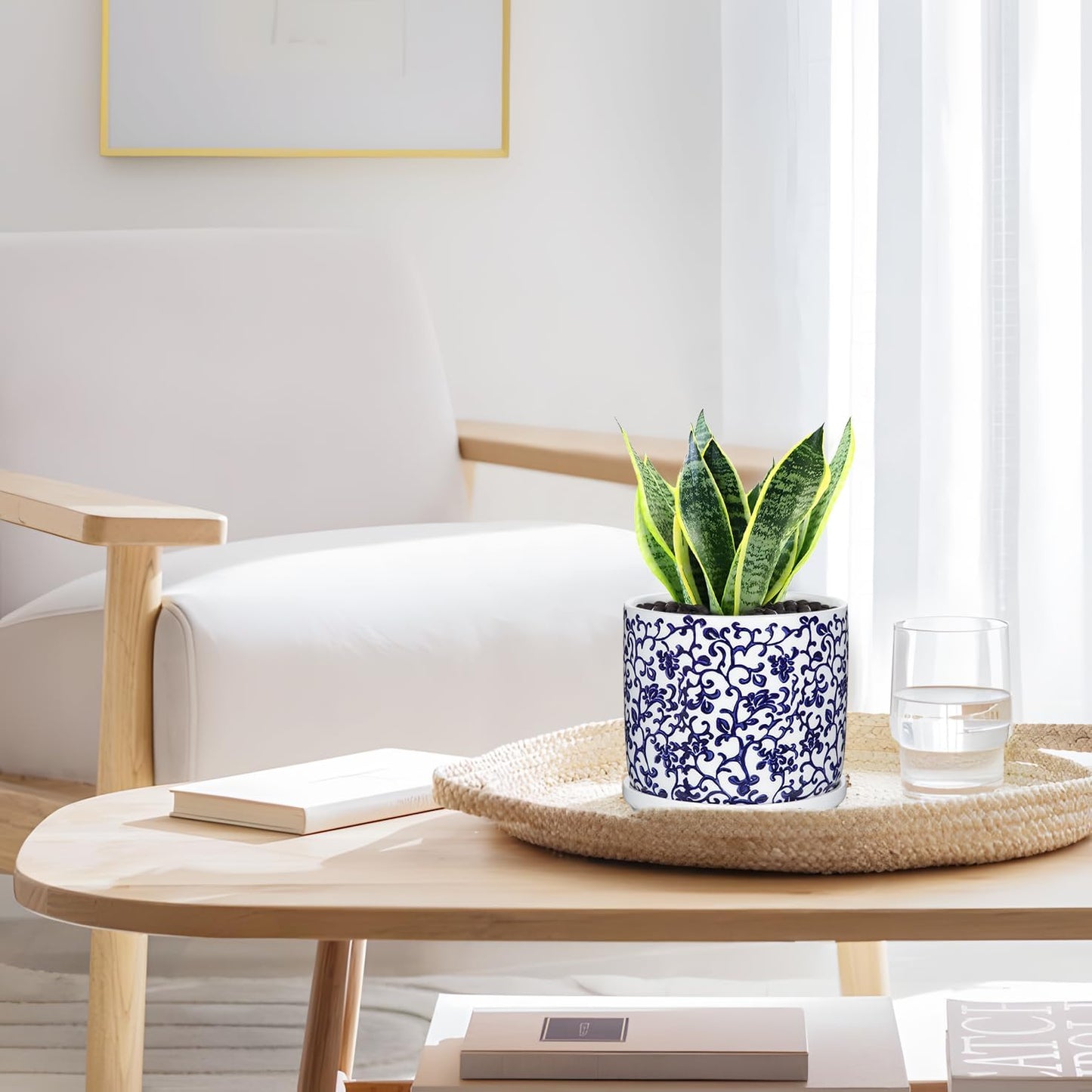 Set of 2 Blue and White Ceramic Plant Pots with Drainage Hole and Saucers, Retro Blue Porcelain Vase Round Planters for Succulent Cactus Indoor Outdoor Garden Home Desktop Decor, 4.5+5.5 Inch