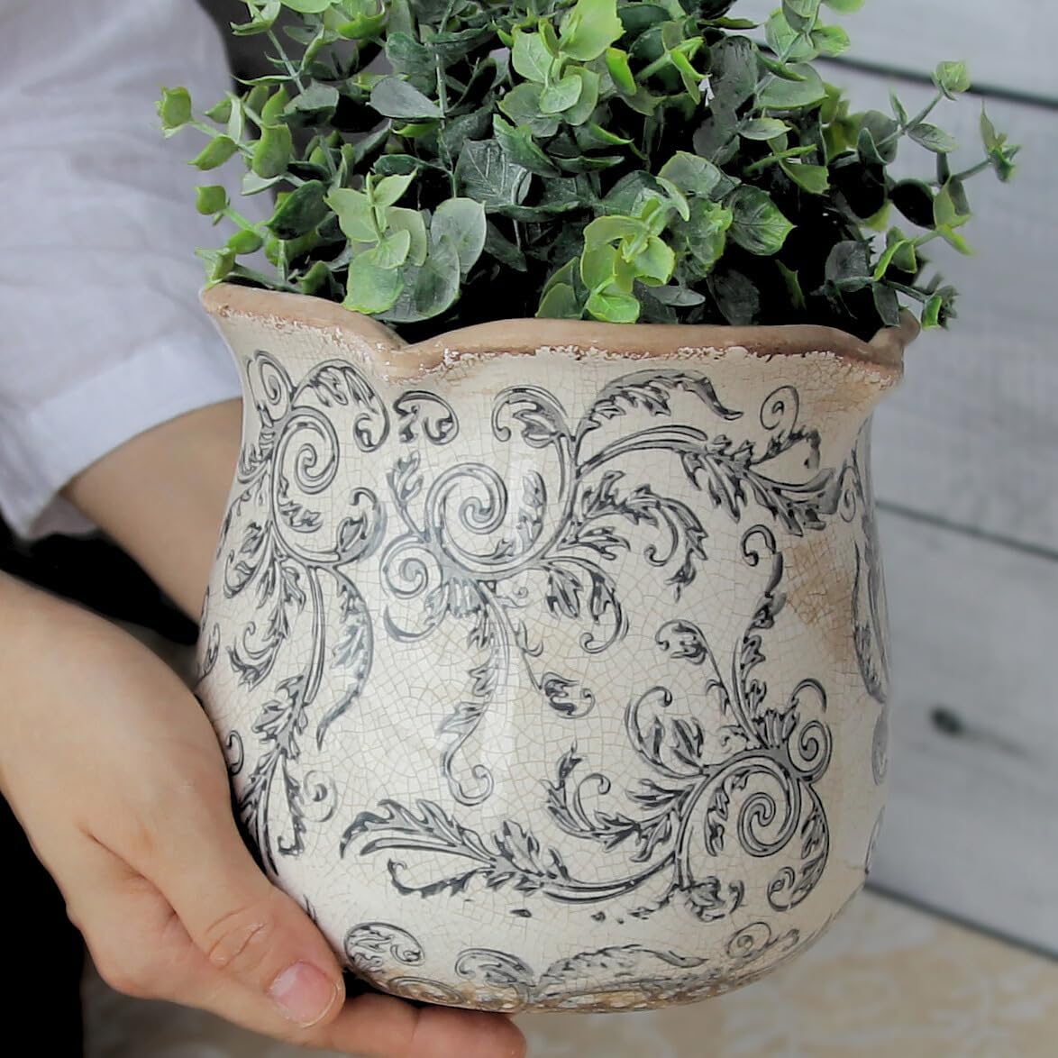 Ceramic Pots for Plants, Vintage Plant Pot with Drainage Hole, 6.11in. Planter for Indoor Plants, Crackle Glaze Finish Flower Pot, Perfect Tuscan Ceramic Planter for Gardening, Gray Swirls