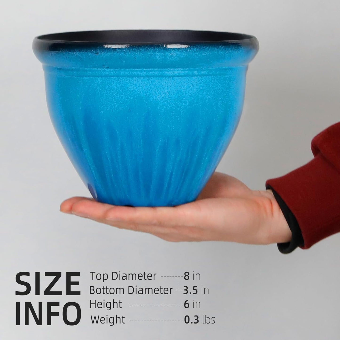 Worth Garden 8-Inch Dia. Round Blue Plastic Planters with Drain Holes, 5.9-Inch Height - 2-Pack Glossy Finish Bell-Shaped Plant Pot – Lightweight Indoor/Outdoor Flower Pots