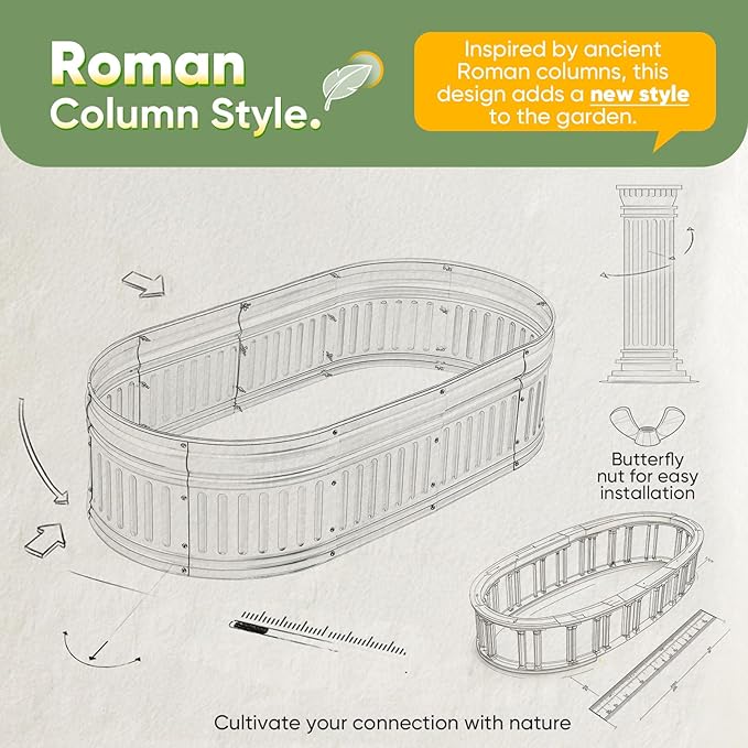 KING BIRD Raised Garden Bed Kit 2025 Upgraded Modular DIY Galvanized Planter Garden Box Outdoor for Gardening, Vegetables, Flowers, Elegant Roman Column Design, 94x24x12 in, Dark Green