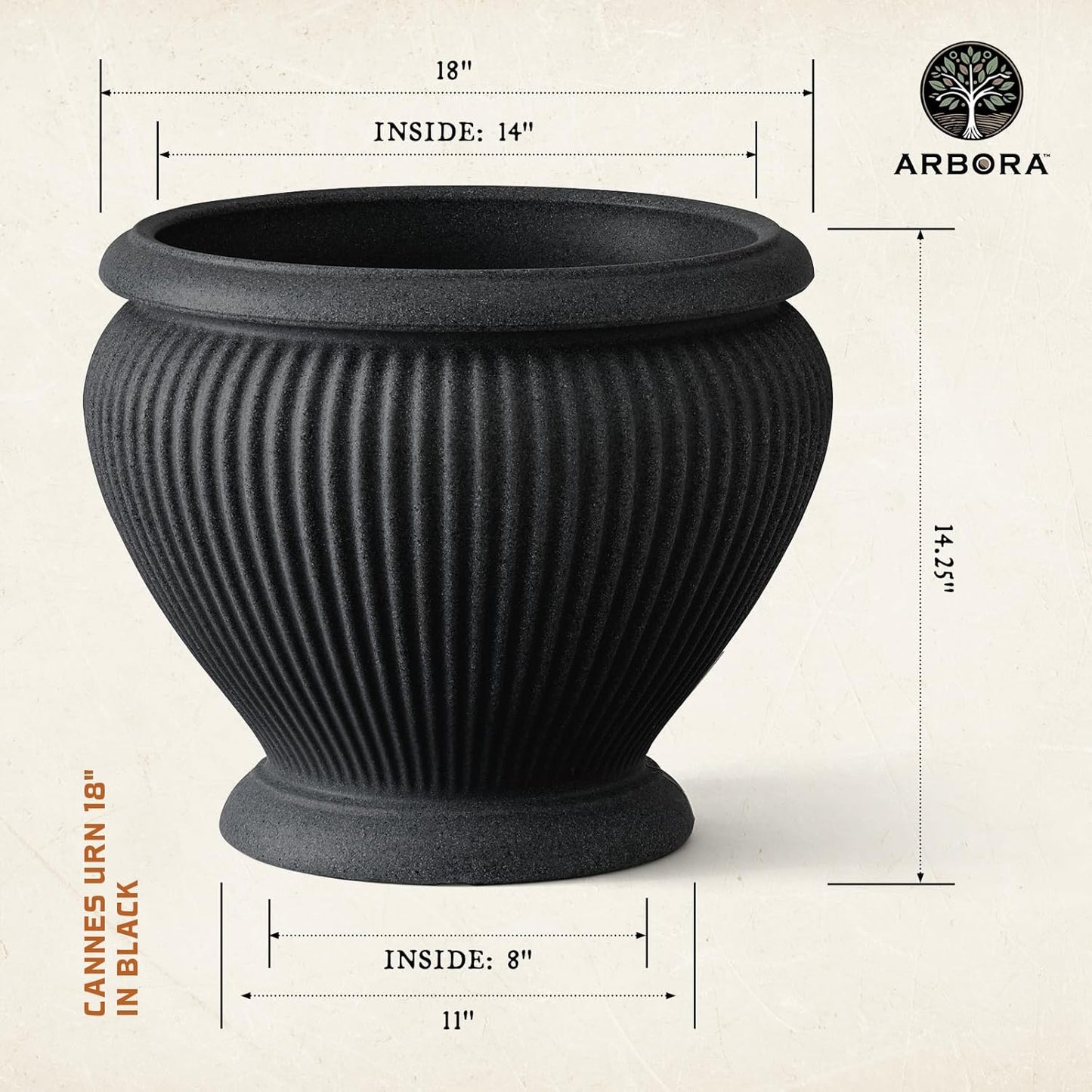 ARBORA 18" Cannes Urn Polyresin Indoor and Outdoor Planter with Classic Black Finish - Durable, Weatherproof, Lightweight, Large Plant Pot for Patio, Garden, Deck, Entryway