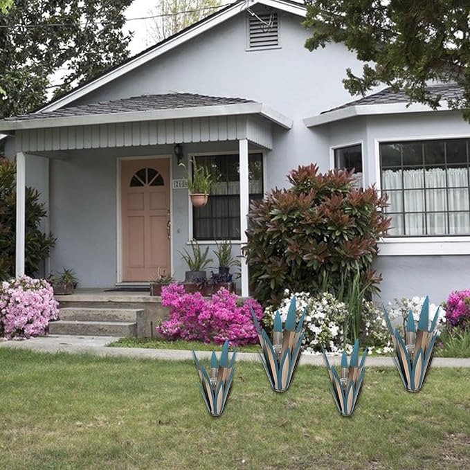 Metal Agave Plant Garden Art, 2 Pack Big Tequila Rustic Sculpture, Rustic Metal Agave Plants Garden Lawn Home Ornaments, for Yard Stakes, Garden Figurines, Outdoor Patio (2 PCS Colorful with Light)