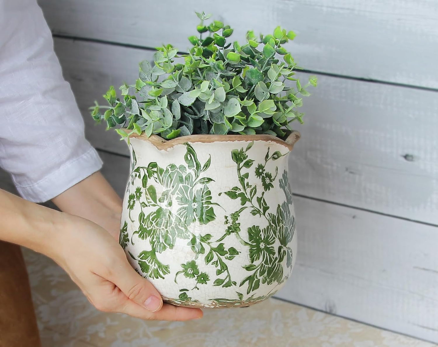 Ceramic Pots for Plants, Vintage Plant Pots with Drainage Hole, 6.11in. Planter for Indoor Plants, Crackle Glaze Finish Flower Pot, Perfect Tuscan Ceramic Planter for Gardening, Green