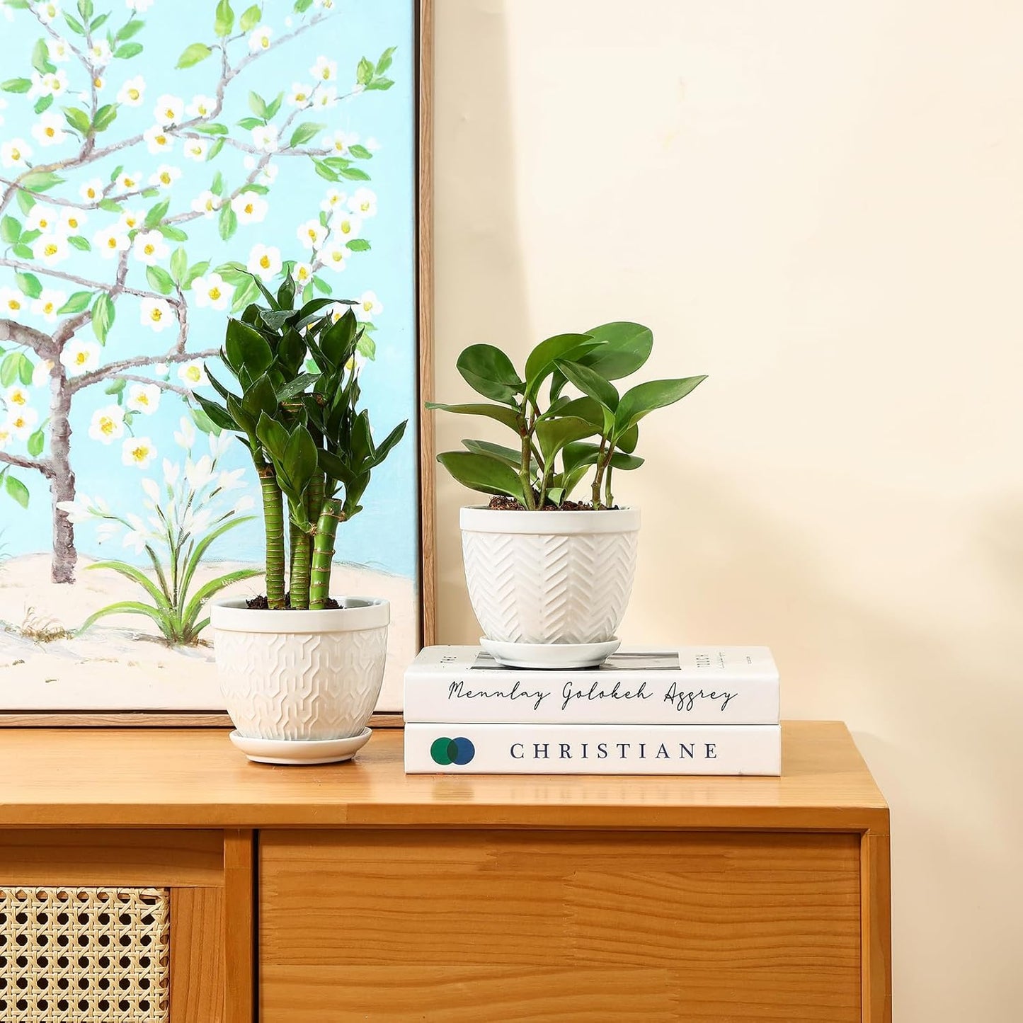 Sureasy Ceramic Plant Pots, 4.7 Inch Flower Pots for Indoor Plants, Succulent Pots with Saucer and Drainage Hole, Decorative Planter for Succulent, Cactus, Set of 4, White