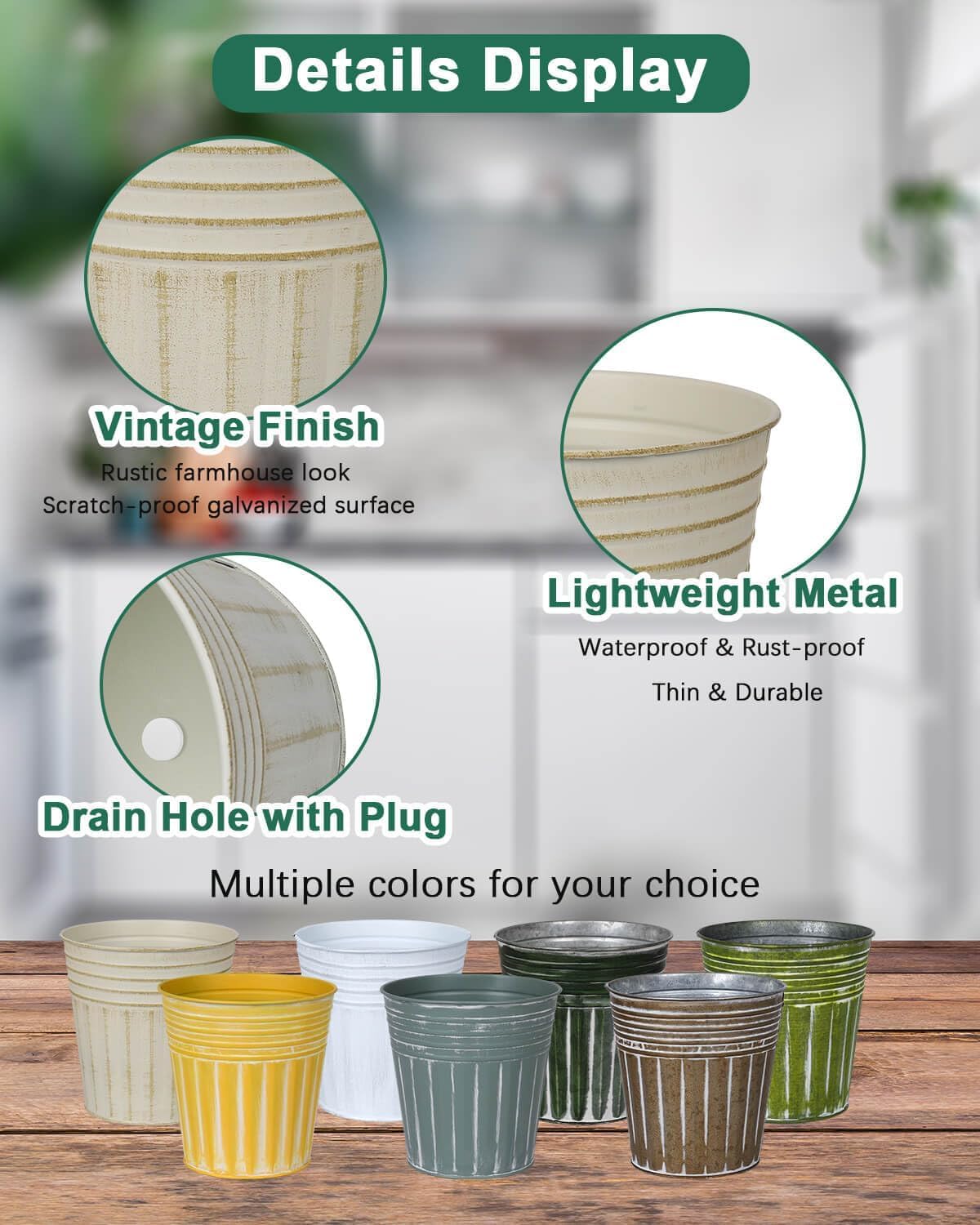 vensovo 6 Inch Kelly Green Metal Rustic Flower Pots - 6Pcs Medium Galvanized Planters with Drainage Hole and Rubber Plug, Rustproof Metal Bucket Plant Pots Farmhouse Vintage Style for Decor