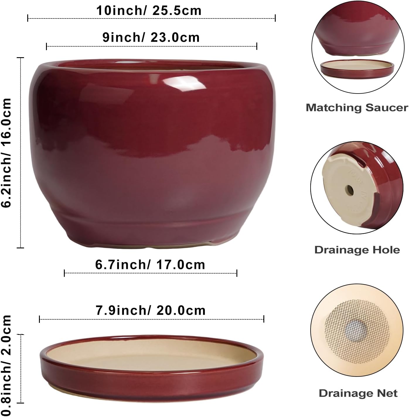 SQOWL Ceramic Pot for Plants - 10 Inch Indoor Planter with Drainage Hole and Saucer, Round Modern Planter Outdoor, Decorative Large Plant Pot for Flower, Living Room Decor, Garden Gifts, Red