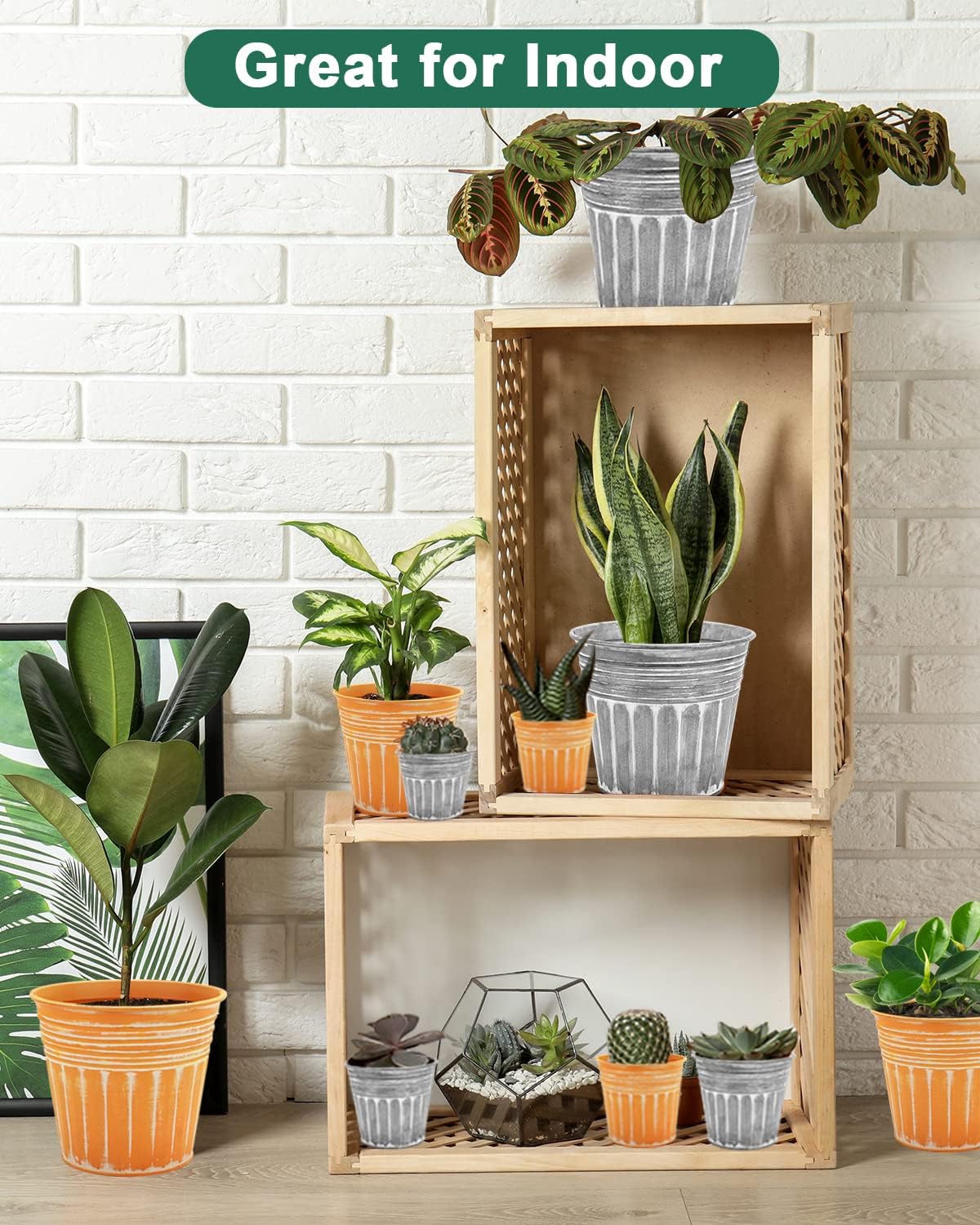 vensovo 4 Inch Orange Metal Rustic Flower Pots - 6Pcs Small Galvanized Planters with Drainage Hole and Rubber Plug, Rustproof Metal Bucket Plant Pots Farmhouse Vintage Style for Decor