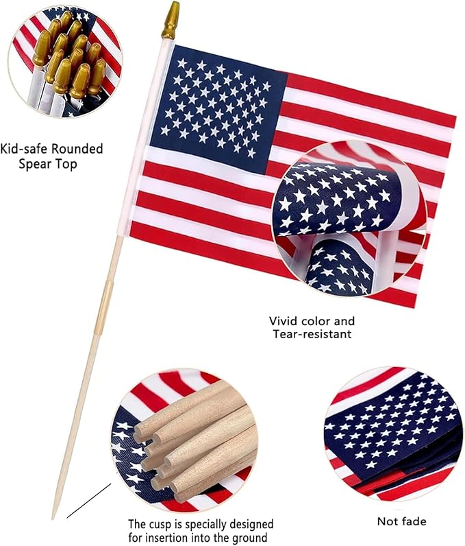 Pack of 50 American Flags with wood Stick, 12x18 Inch US Flags/American Hand Held Stick Flags with Kid-Safe Spear Top, Perfect for Patriotic Decorations, Parades, Veteran Party