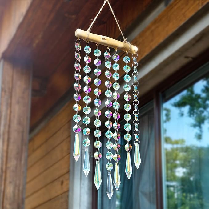 Hanging Crystal Prism Suncatcher Ornament Crystal Wind Chimes Colorful Glass Beads Chain Pendant Decorative