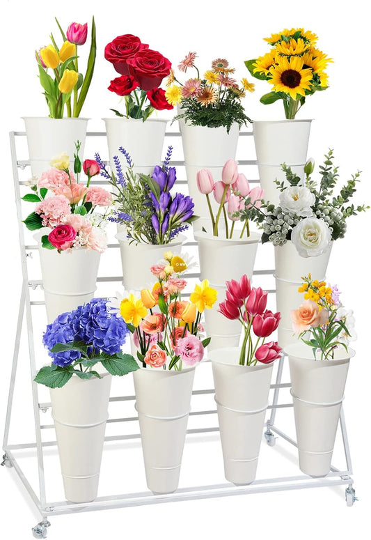 Flower Display Stand with Buckets, 3 Layers Metal Plant Stand, Moving Florist Bouquet Shelf for Fresh Flower Shop, for Patio Garden, Outdoor Flower Pop-Up Events (White Frame - White Bucket)