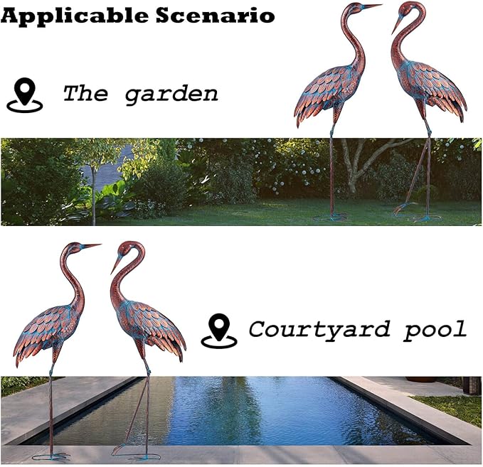 Kircust Garden Crane Statues Patina Heron Decoy, Standing Metal Crane Sculptures Bird Yard Art for Outdoor Decor, Set of 2