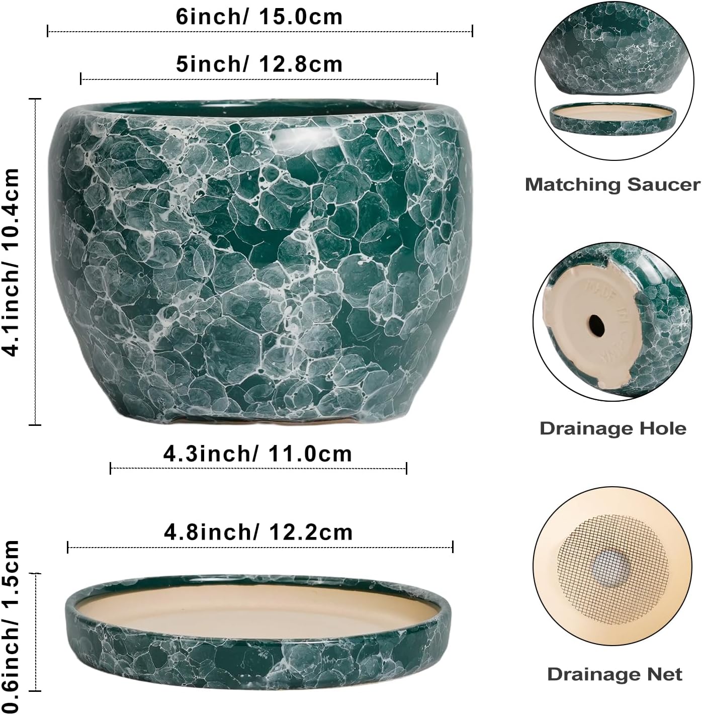 SQOWL Ceramic Pot for Plants - 6 Inch Ceramic Planter with Drainage Hole and Saucer, Round Flower Pot for Indoor Outdoor, Decorative Small Planter, Room Home Decor, Plant Lover Gifts, Green