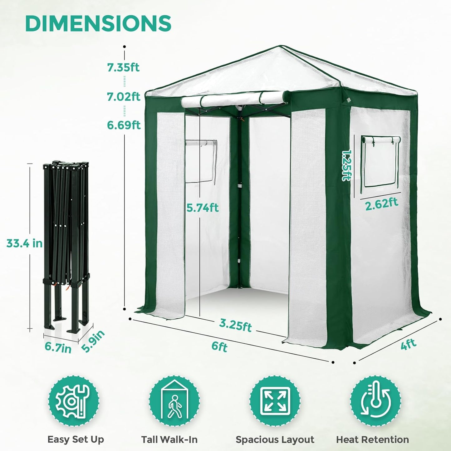 EAGLE PEAK 6x4 Portable Walk in Greenhouse with Polyester Reinforced Corners, Instant Pop up Indoor Outdoor Gardening Green House, Roll Up Zipper Entry Door and Mesh Windows, Green/White