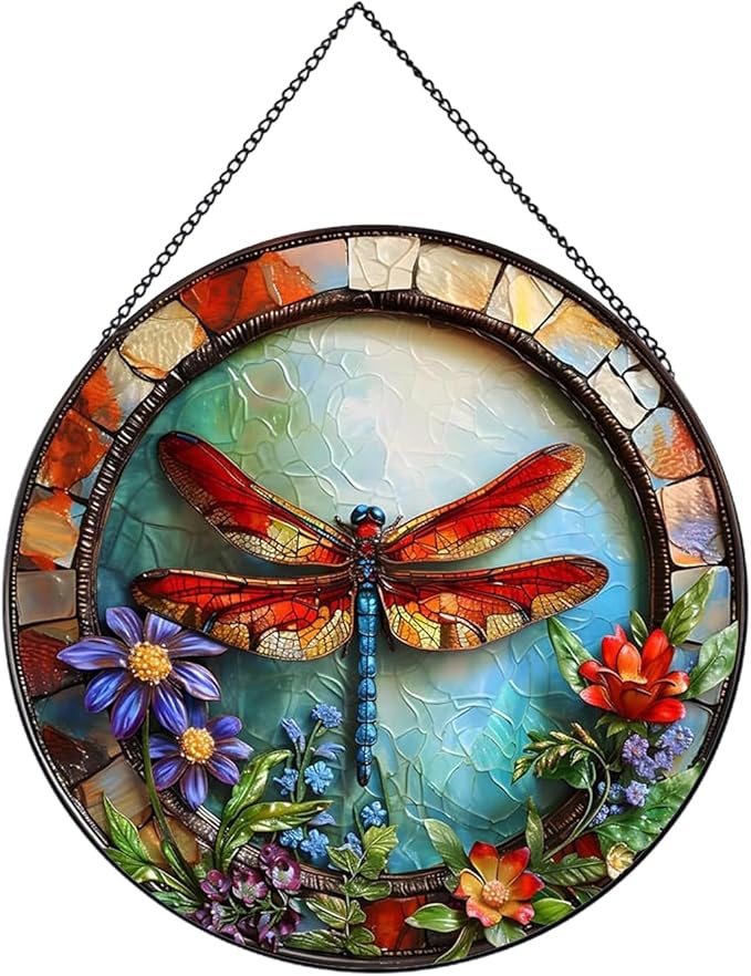 Dragonfly and Flower Suncatcher Stained Glass,Hanging Stained Glass Suncatcher for Windows,20cm/7.87inch Hand-Painted Sun Catcher Garden Hangings Halloween Fall Christmas Decor for Home