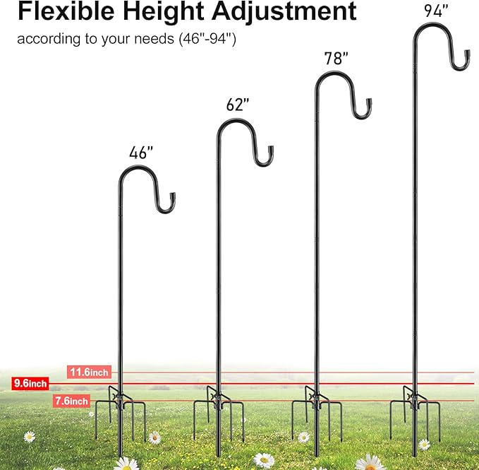 Bird Feeder Pole, 30 Inch & 5/8 Inch Diameter Stainless Steel Heavy Duty Shepherds Hooks for Outdoor to Hang Outdoor Lights with 5 Prongs Base, Rustproof for Garden Decor or Wedding Decors(Black)