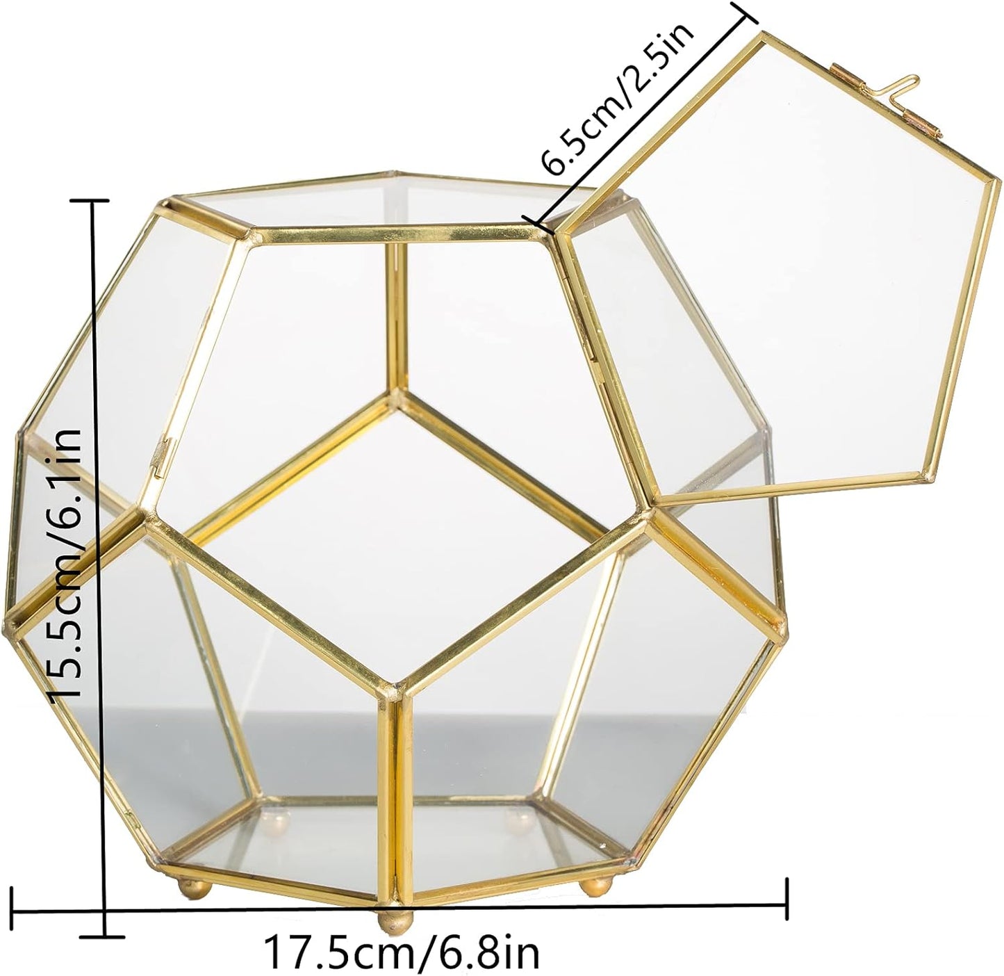 NCYP 6.89 x 6.89 x 5.9 inches Glass Geometric Terrarium Planter with Door and Foot, Pentagon Ball Shape Close Flower Pot for Fern Succulents Plants, Small, Gold (No Plants)