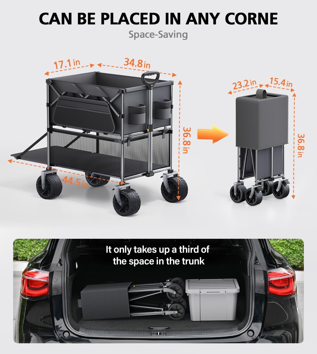Double Decker Wagon, 480Lbs Capacity, Big Wheels & Side Pocket, Folding Wagon for Shopping, Garden, Camping, Fish - Grey