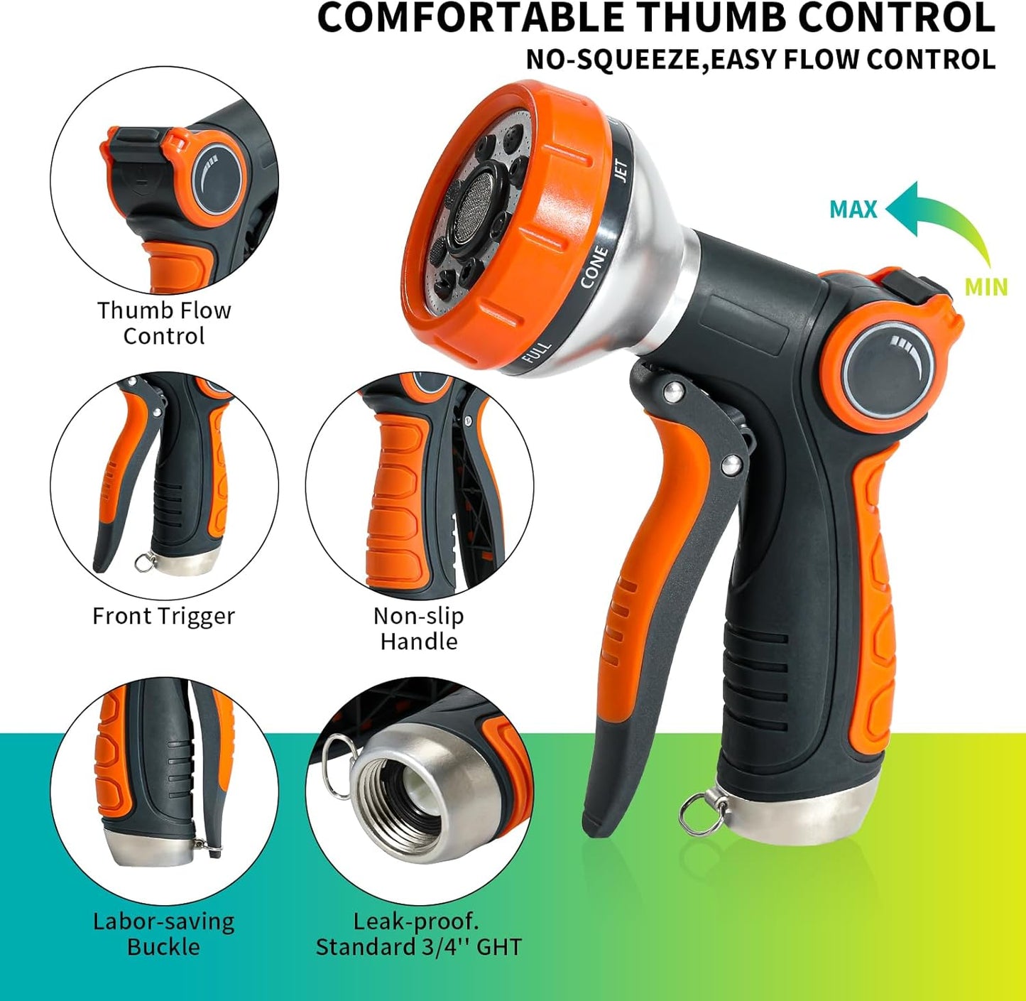 Water Hose Nozzle Heavy Duty with 8 Spray Patterns, Water Hose Sprayer Nozzle with Water Flow Thumb Control, Labor-saving Buckle & Front Trigger, for Watering Plants, Washing Cars & Pets