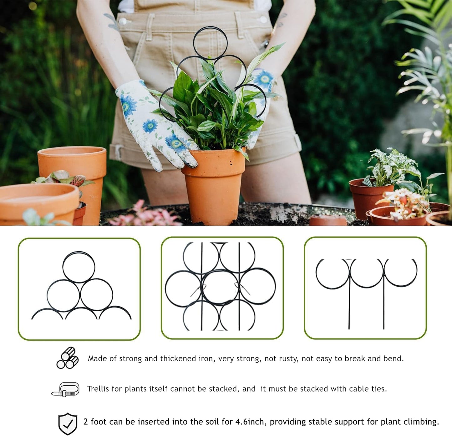 4 Pack Plant Trellis Indoor 15.7 Inch for climbing plants indoor Small Garden Trellis for Potted Plant Support Metal Wire Stackable Trellis Houseplant for Monstera Vines Lvy Pothos Accessorie(4 black)