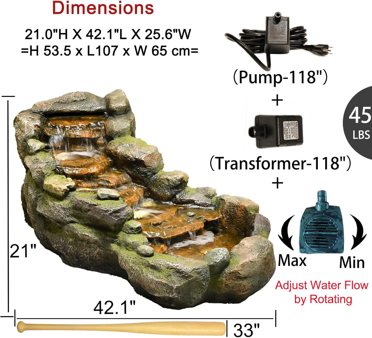 Garden Outdoor Water Fountain, 42.1" L Floor Standing Tiered Rock Outdoor Fountains with LED Lights and Pump for Garden, Backyard, Deck, Patio, Porch and Home Art Decor