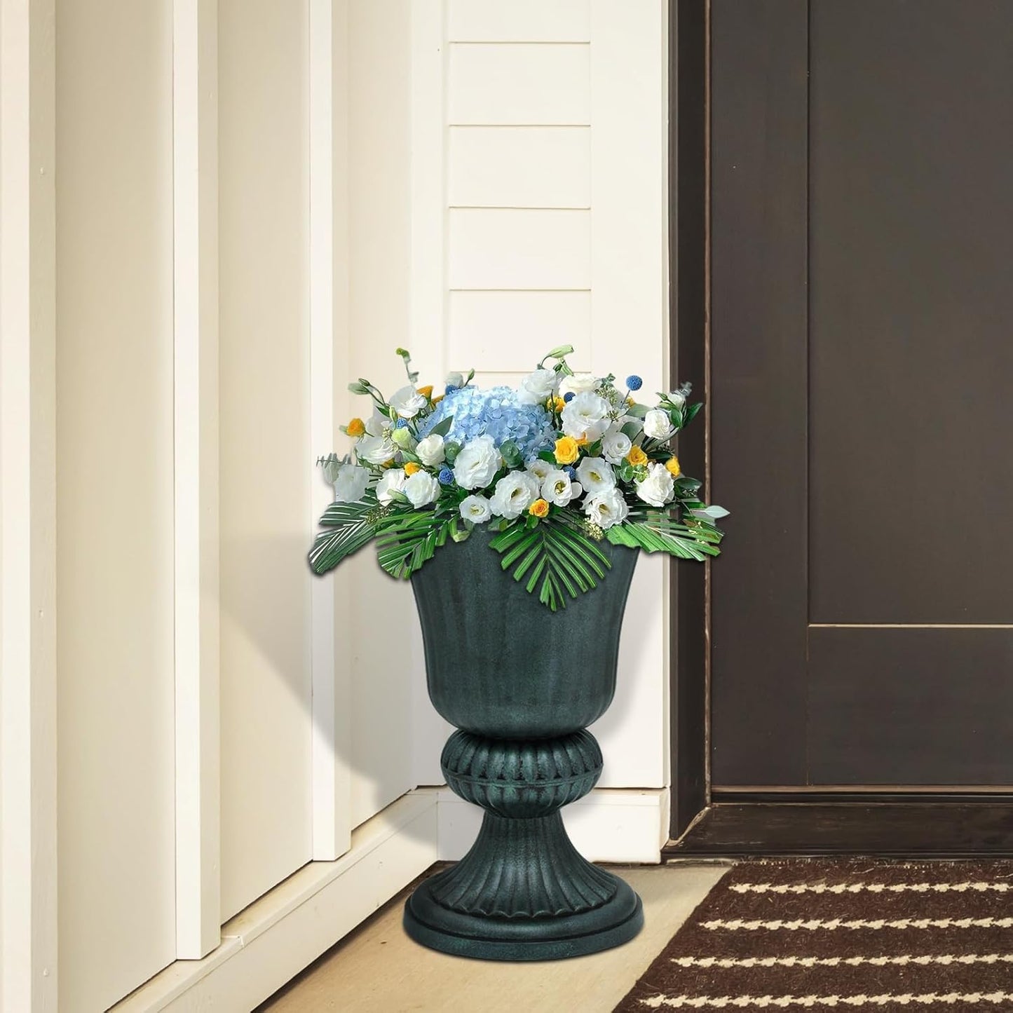 Athena Collection 20''H Bronze Garden Plastic Urn - Vintage Tall Large Planter for Indoor Outdoor Patio Porch, 2 Pieces Flower Pot, Dark Green