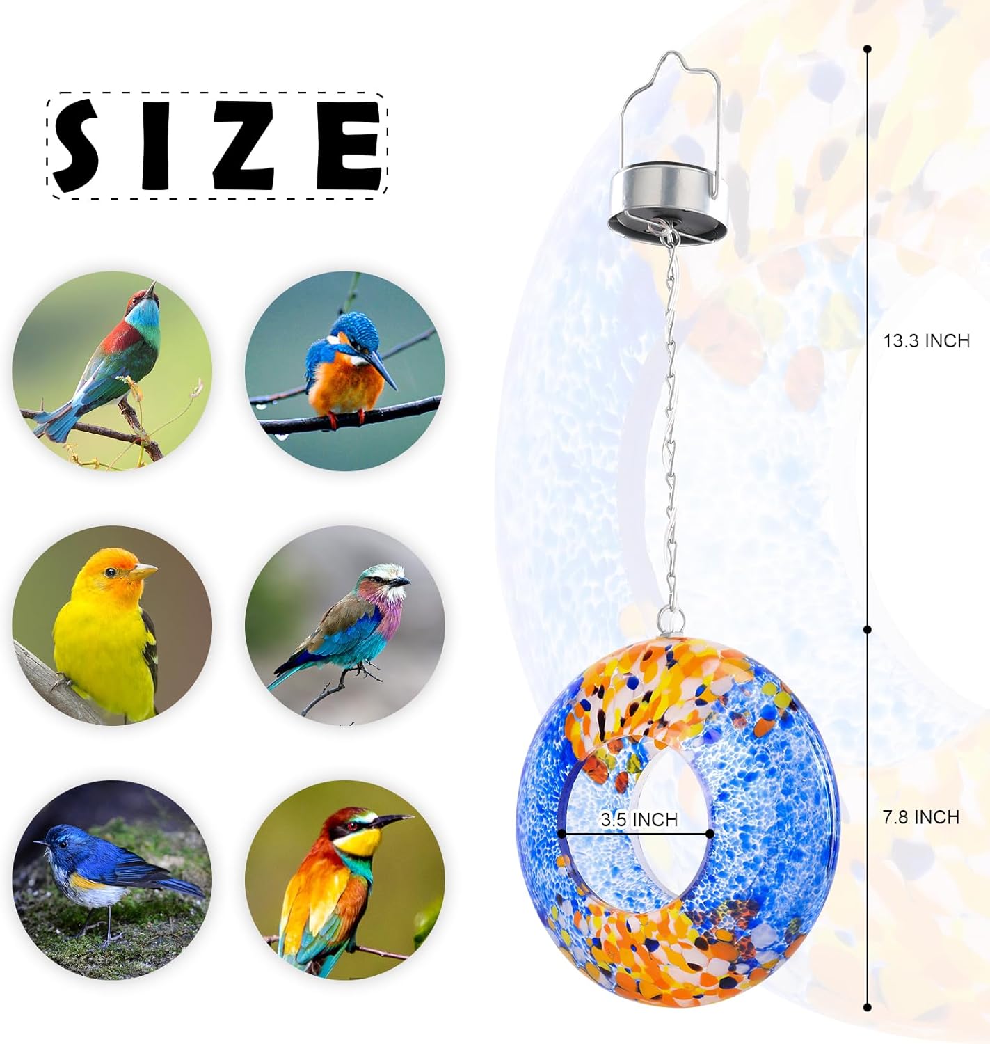 VCUTEKA Bird Feeder Solar Fly Through Bird Feeders for Outside Hanging with Round Shape Glass Container to Attract Wild Birds for Garden Decor, Solar Birdfeeder as Gift for Lovers, Multi 8-Inch