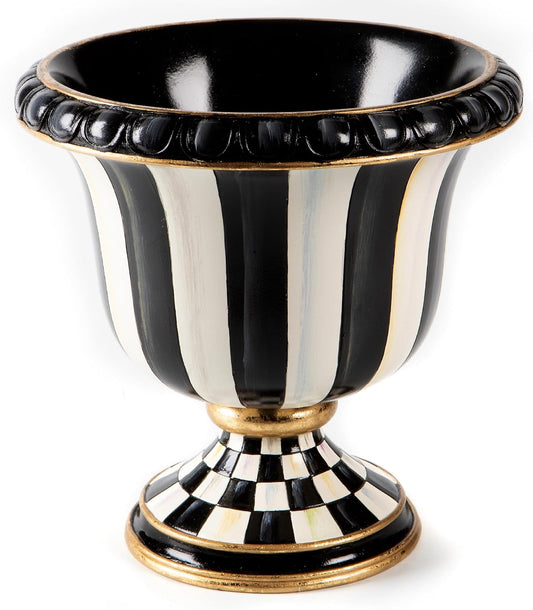 MACKENZIE-CHILDS Pedestal Tabletop Urn, Decorative Centerpiece for Table, Mantel, or Shelf, Small, Black-and-White Courtly Stripe