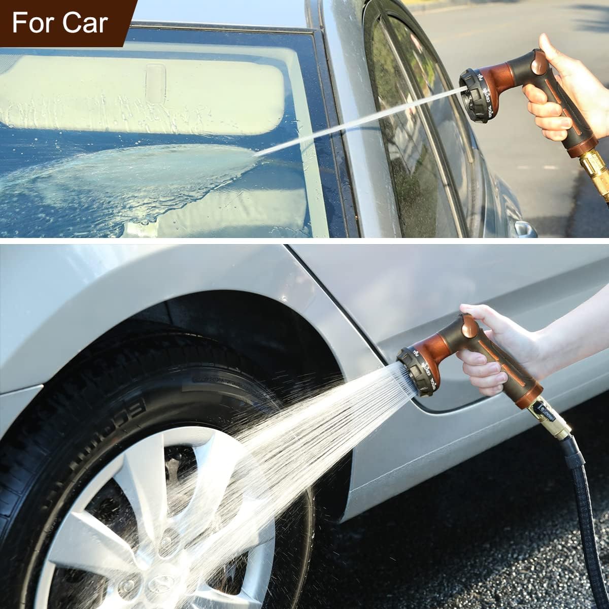 FANHAO Garden Hose Nozzle, 100% Heavy Duty Metal Water Hose Sprayer with 8 Spray Patterns, High Pressure Water Nozzle with Thumb Control, On Off Valve for Watering Plants, Washing Cars & Pets, Brown