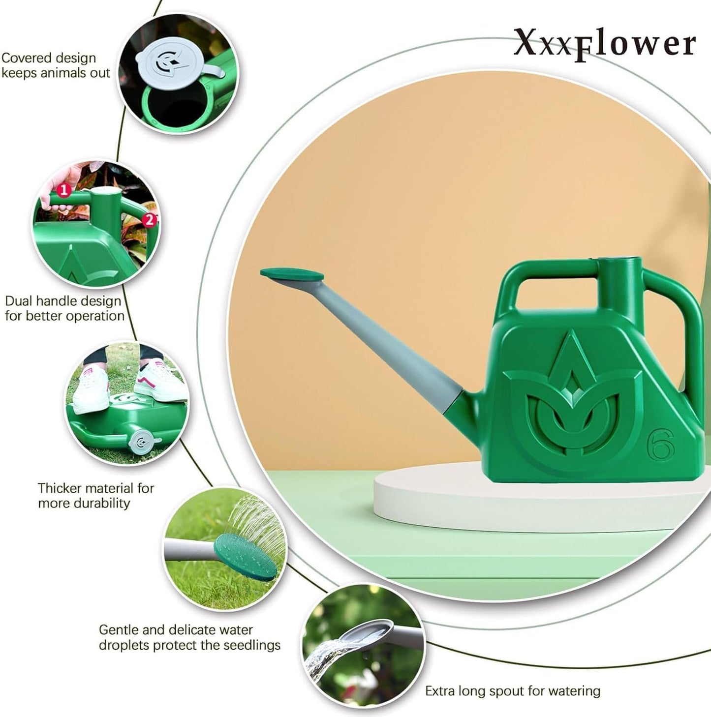 XXXFLOWER 1.5 Gallon Green Watering Can Outdoor Garden Flower Plant, Lightweight 6 L Water Cans with Detachable Nozzle Watering Pot for Office House Garden