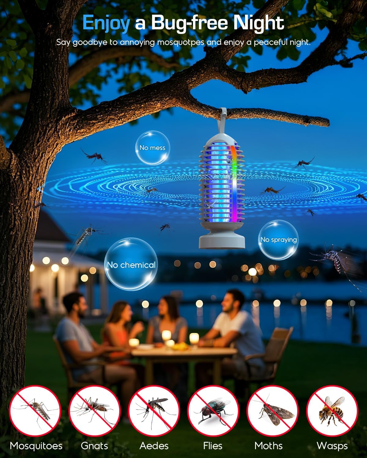 (2 Pack) Bug Zapper Outdoor with Marquee Light, Cordless Mosquito Zapper, 4000mAh Rechargeable Bug Zapper Indoor, Auto On/Off Waterproof Mosquito Trap Fly Zapper for Patio Backyard Kitchen Camping