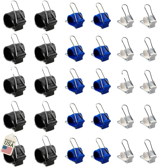 Cable Management Clips – Reusable, Versatile Cord Holders for Outdoor String Lights & Décor - 30 Pack (10 Small White, 10 Medium Blue, 10 Large Black)