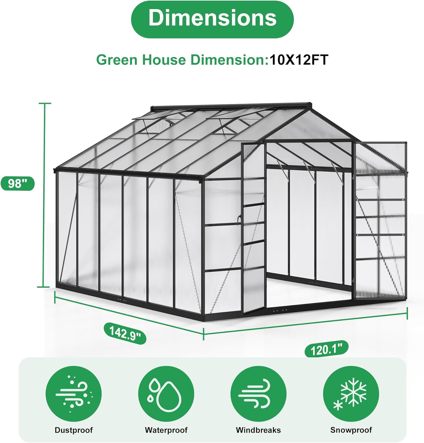 WKM 10x12 FT Greenhouse, Enhanced Aluminum Frame Greenhouses for Outdoors Withstands Strong Wind or Snow, Green House with Swing Door, Green Houses for Outside Garden Backyard, Black