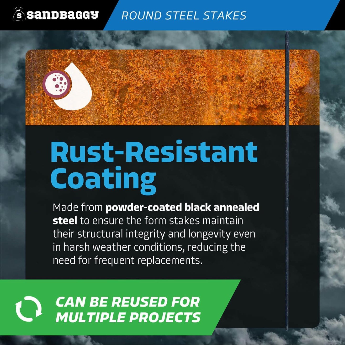 Sandbaggy Round Steel Concrete Form Stakes with Nail Holes - Rust Resistant Coating - Removable, Reusable (10, 3/4 in X 60 in)