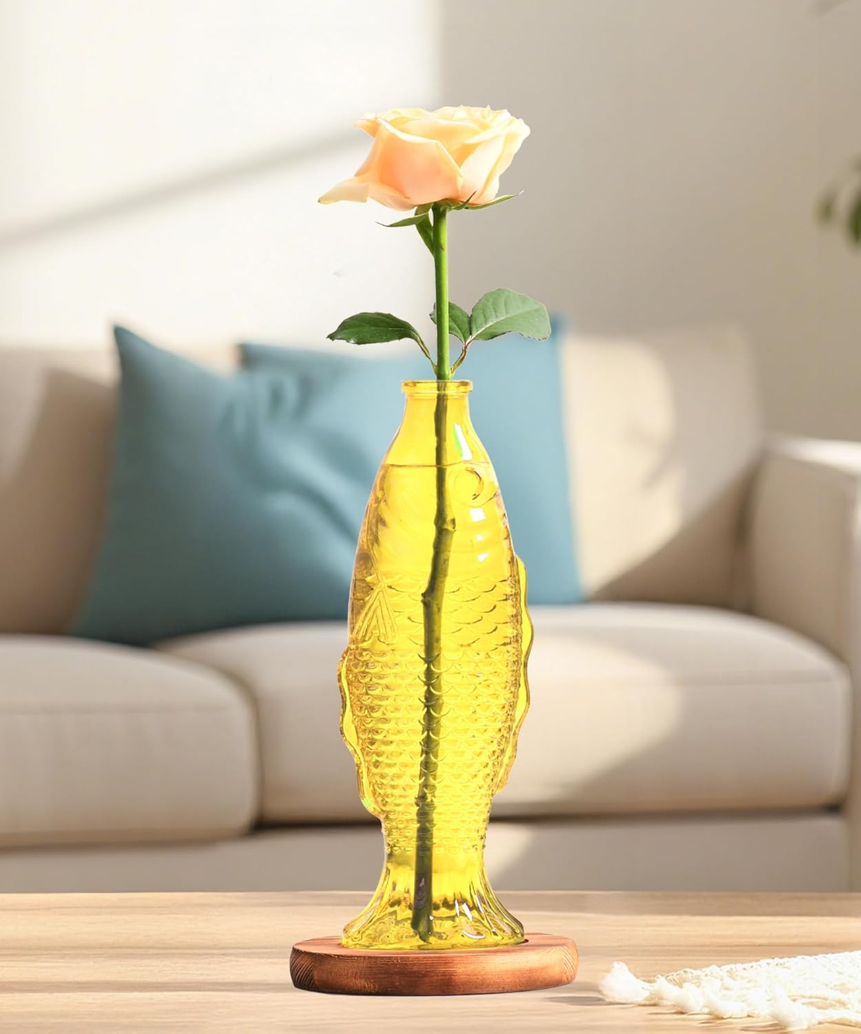 Nacome Fish Vase Glass Plant Terrarium with Wooden Stand,Planter Propagation Station for Home Office Hydroponics Desk Decoration,Unique Gardening Gifts for Plant Lovers Women Mom(Yellow)