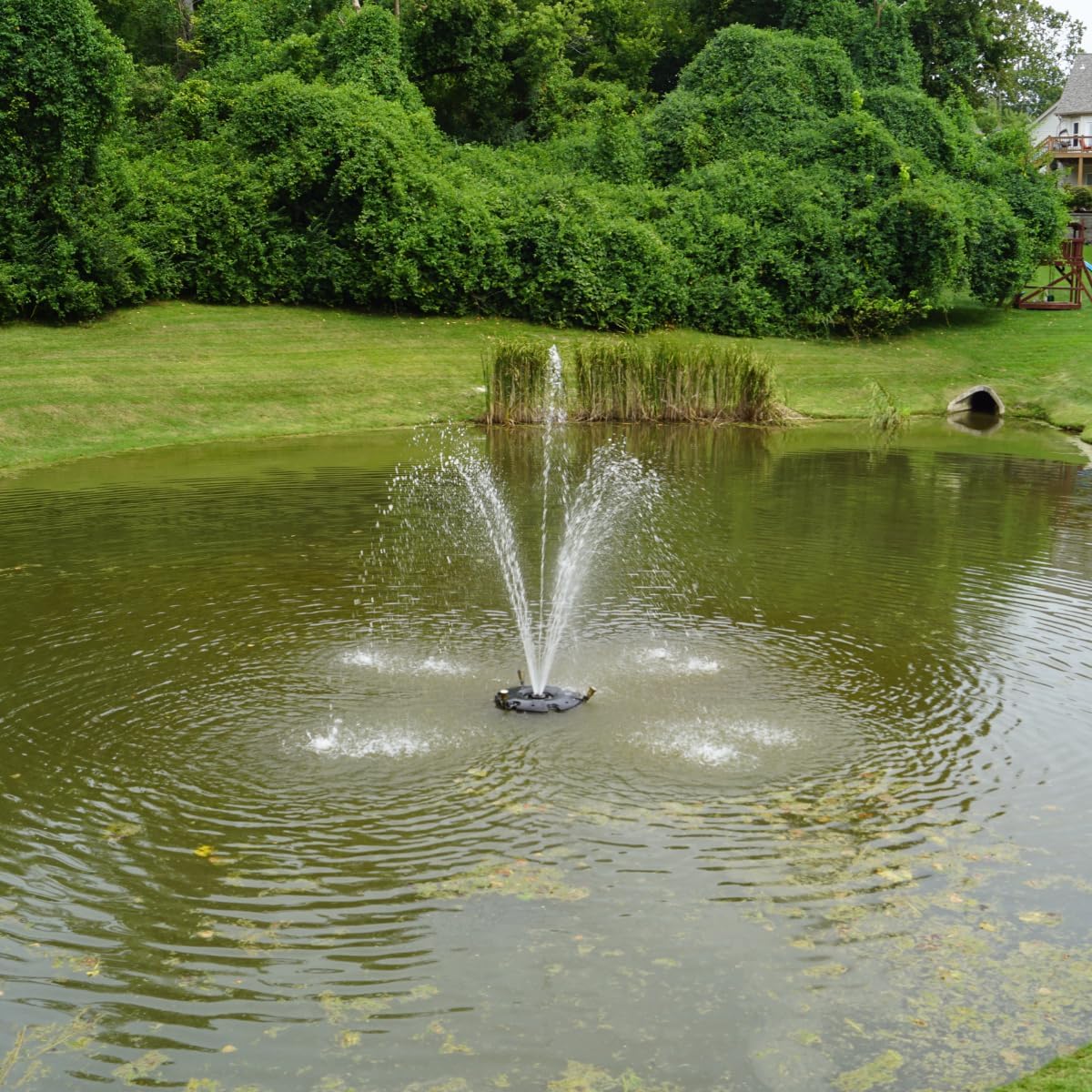 HALF OFF PONDS Floating Fountain – 1.2 HP Pond Aerator, 200' Cord – 10,000 GPH Water Pump – 11 Spray Patterns - Energy-Efficient - Improves Water Quality - for Large Ponds, Lakes & Water Gardens