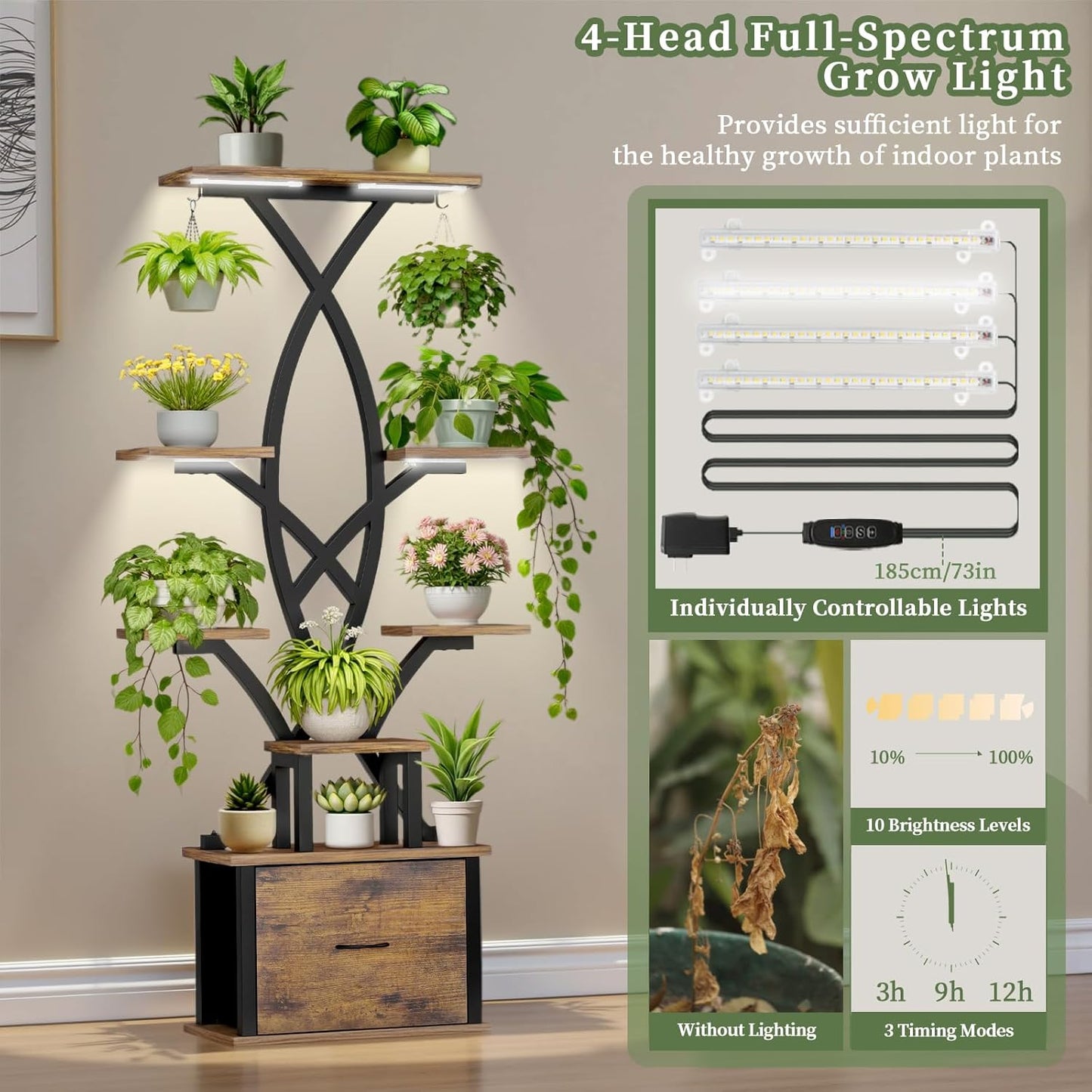 Plant Stand Indoor with Grow Lights - 8 Tiered Plant Shelf with Storage Drawer, 65" Tall Plant Shelf with Grow Light & 2 Hooks, Corner Plant Stand for Indoor Plants, Metal Plant Holder for Home, Patio