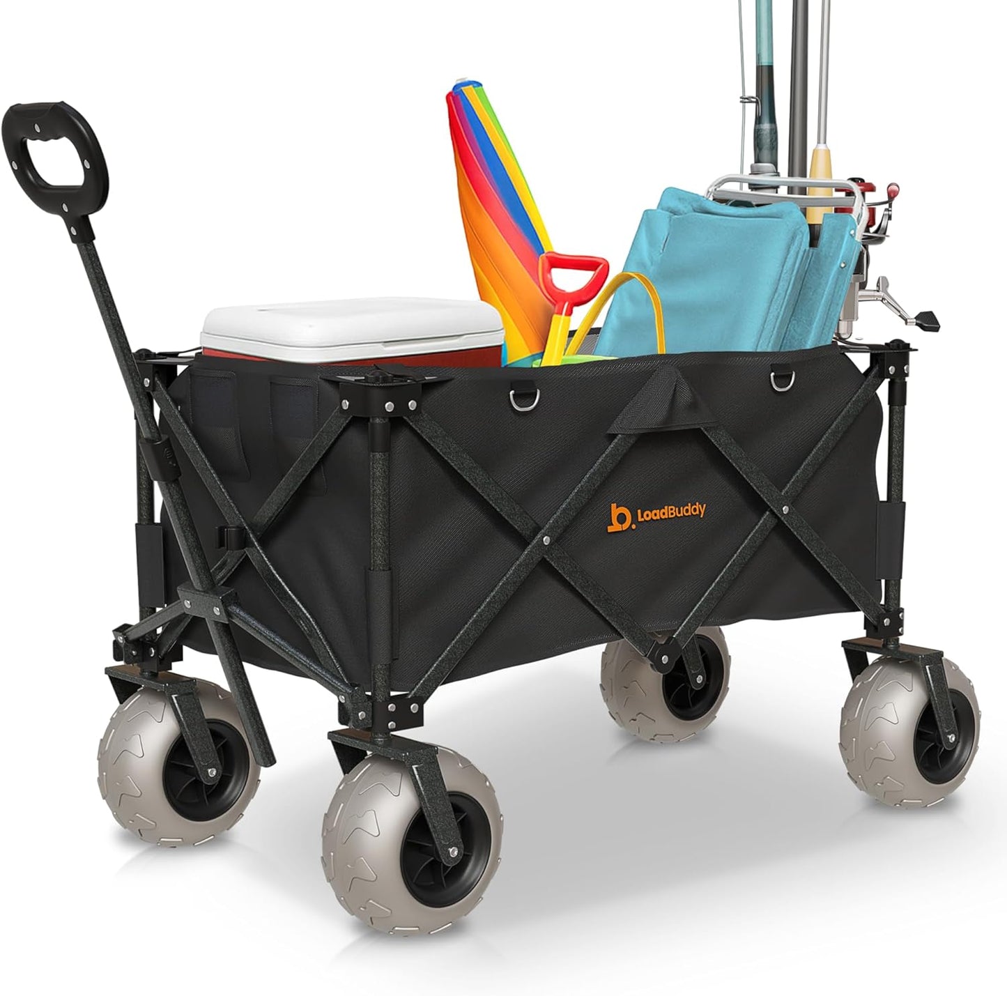 Beach Wagon with 9" Balloon Wheels & Fishing Rod Holders – Foldable Cart for Sand with Inflatable Tires, Bonus Pump & Spare – Heavy Duty Utility Wagon - Black/Black