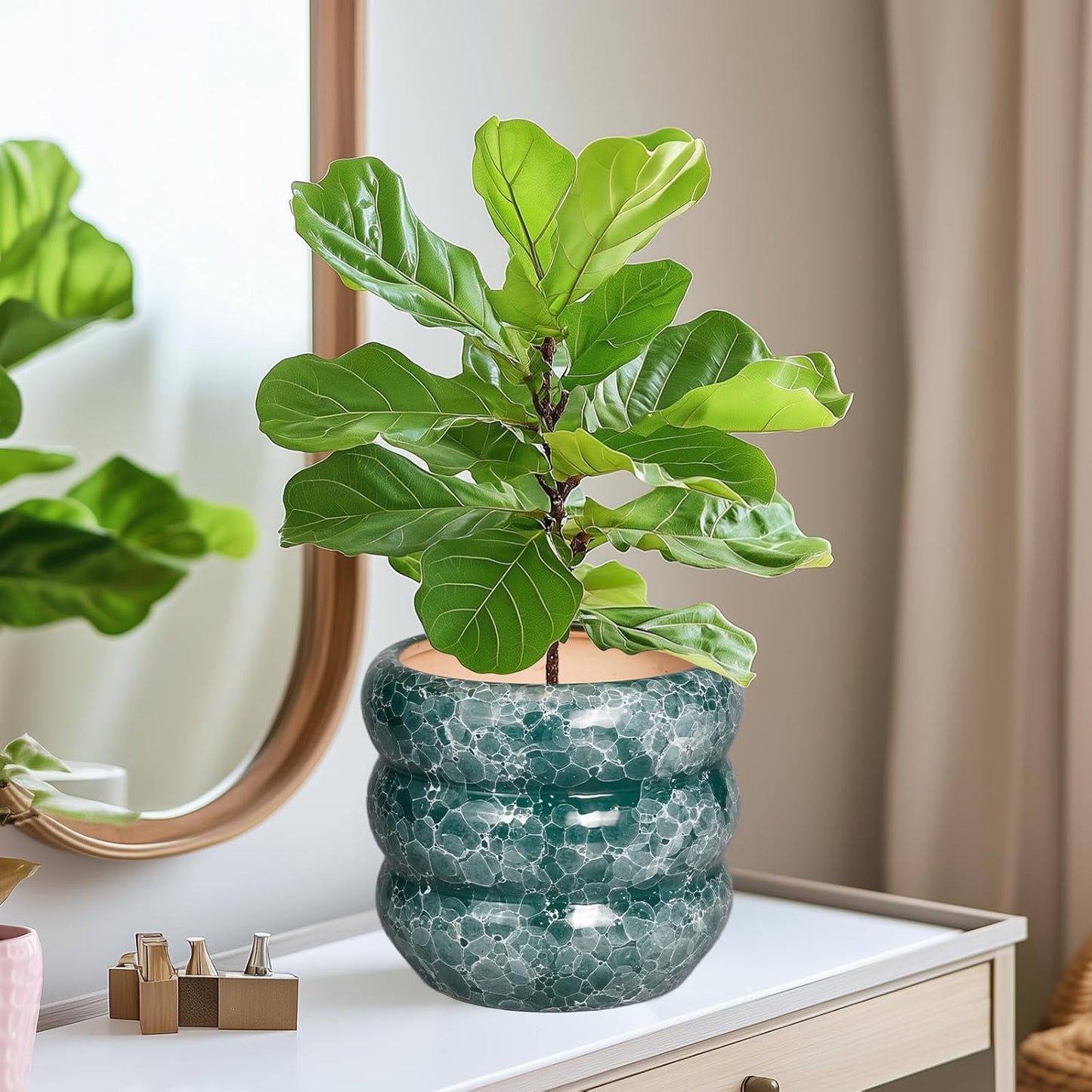 SQOWL 8 Inch Pot for Plants Indoor - Ceramic Planter Medium Plant Pot with Drainage Hole Round Flower Pot Outdoor Mid-Century Planter for Entry Way Table Home Decor Green