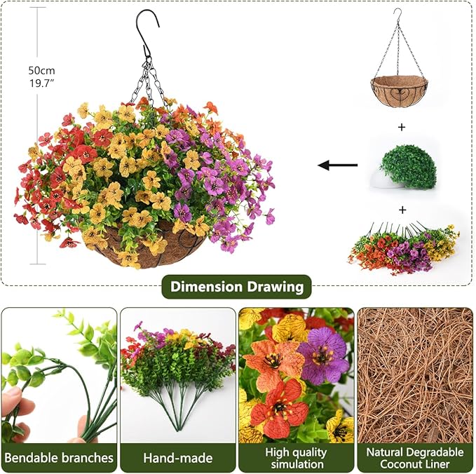 Artificial Faux Hanging Plants Flowers Basket for Spring Outdoor Decoration, Fake Silk Daisy in Planter Realistic UV Resistant Look Real for Porch Home Patio Balcony Yard(Multicolor)