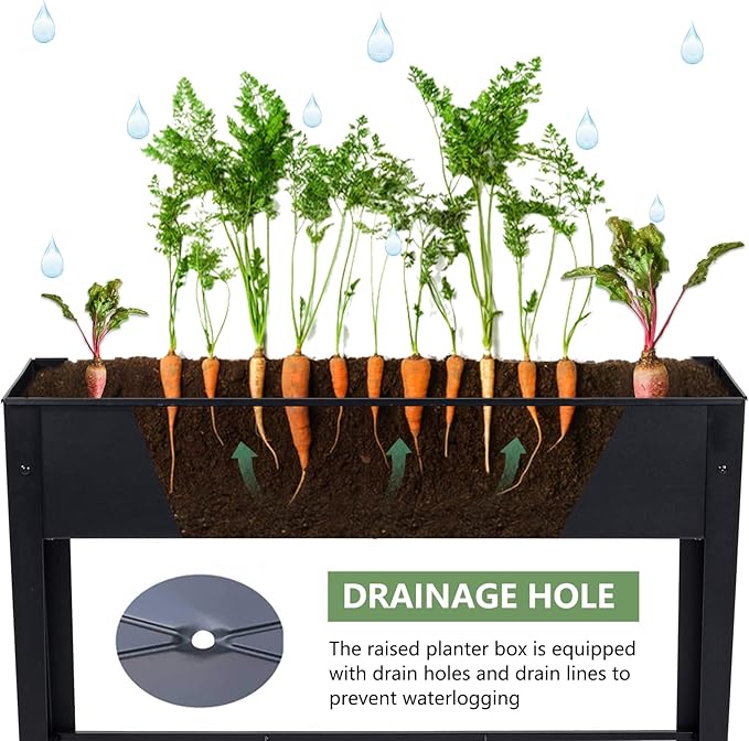 Raised Garden Bed, Elevated Planter Black Metal Plant Box with Legs Standing Garden Stand Drainage Holes Black (Black 40" L x 11" W x 31" H)