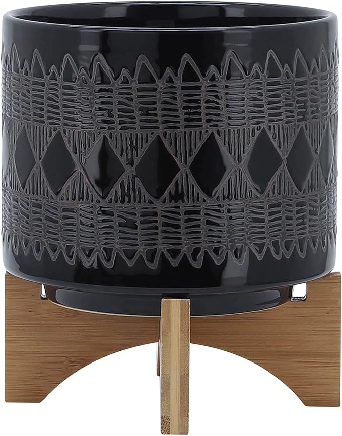 Sagebrook Home Black and Gray Aztec Design Ceramic Planter with Solid Rubberwood Stand for Tabletop Display in Living Room, Bedroom, or Office