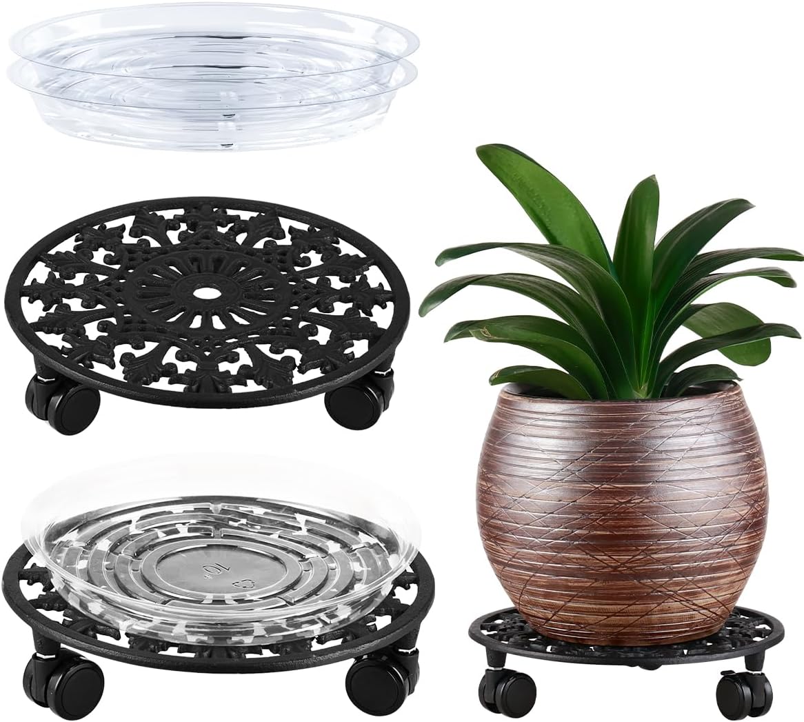 2 Pack Heavy Duty Plant Caddy with Wheels - 11 Inch Metal Plant Stand with Rolling Wheels - Wrought Iron Plant Dolly for Indoor and Outdoor