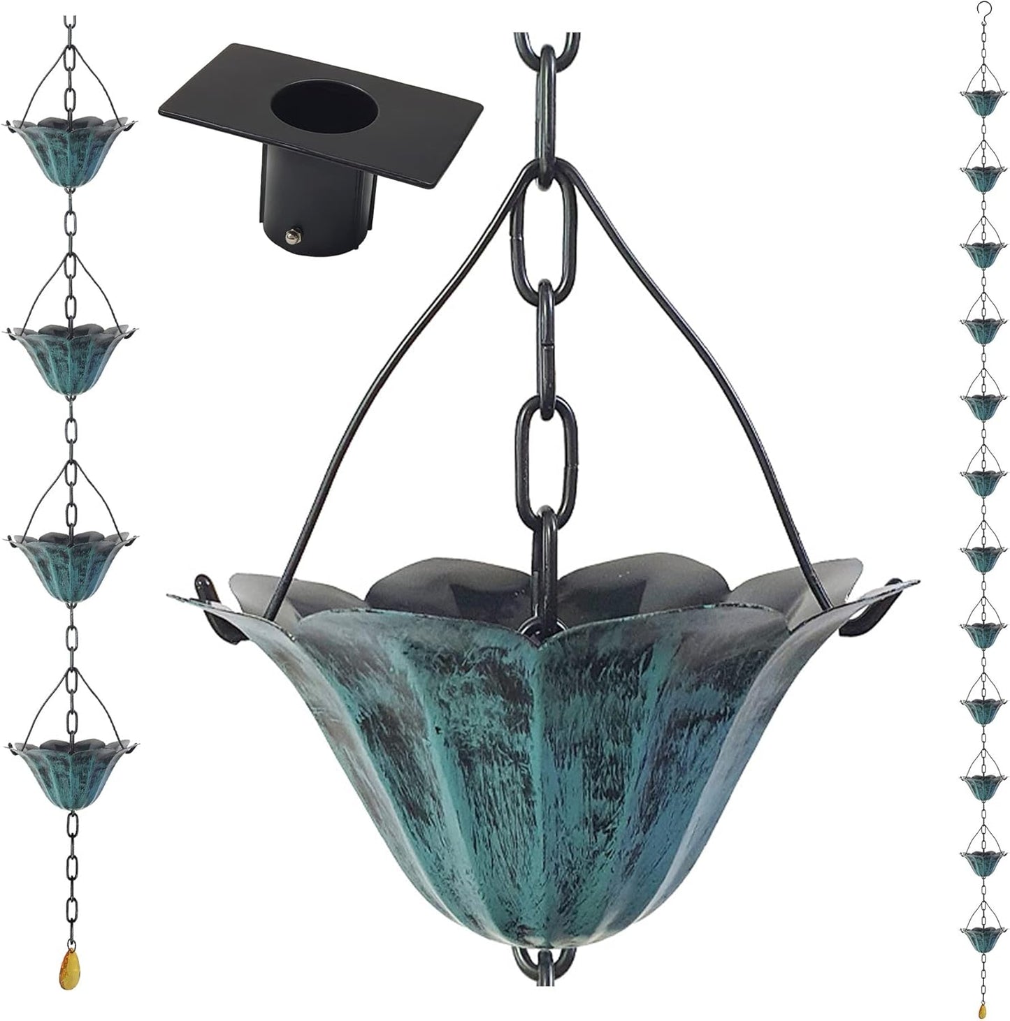 8.5FT Lotus Antique Blue Color Iron Rain Chains for Gutter and Rain Barrel, Rust-Resistant Plated Garden Décor Rain Chain for Downspout, Bonus Rain Chain Gutter Adapter